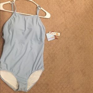 One piece swimsuit. Blue swimsuit. Halter Swimsuit